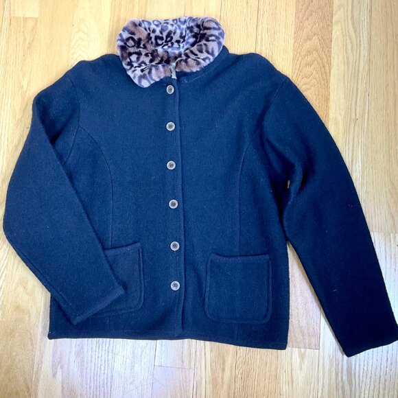 Talley Ho Cardigan Vintage Boiled Wool Black with Faux Leopard Print Collar (M) - Picture 4 of 8